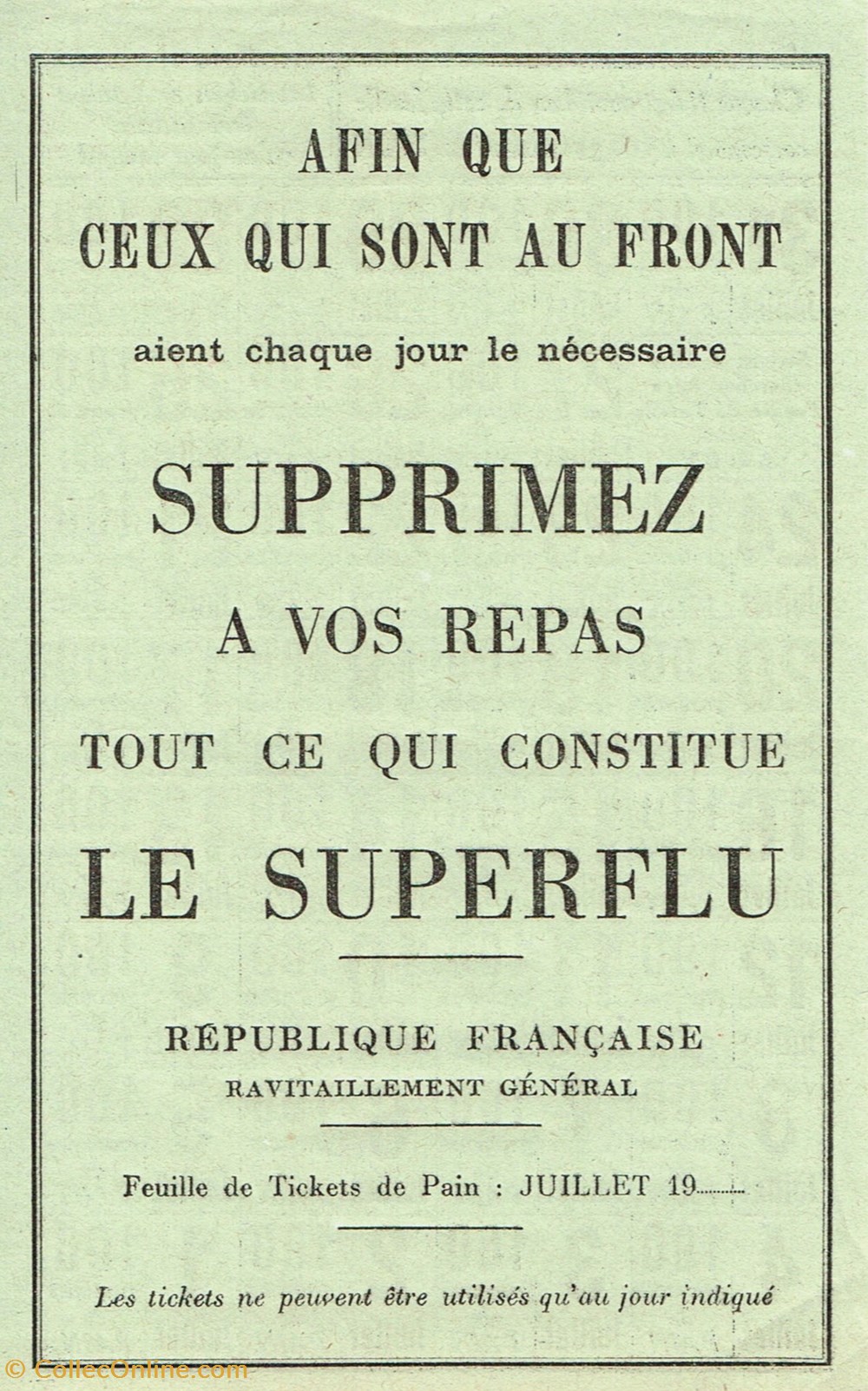 France-Ticket de rationnement journalier mois de juillet-1914-1918 documents anciens autres france ticket de rationnement journalier mois de juillet 1914 1918