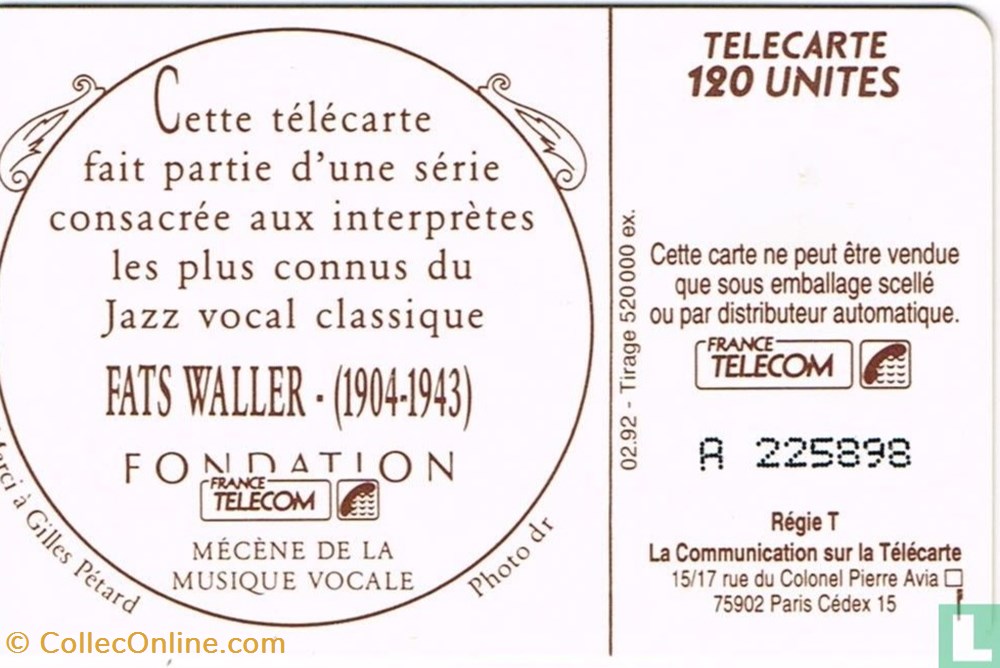 France-Fats Waller- Solaïque 03 (1990) divers telecartes cartes telephoniques france fats waller solaique 03 1990