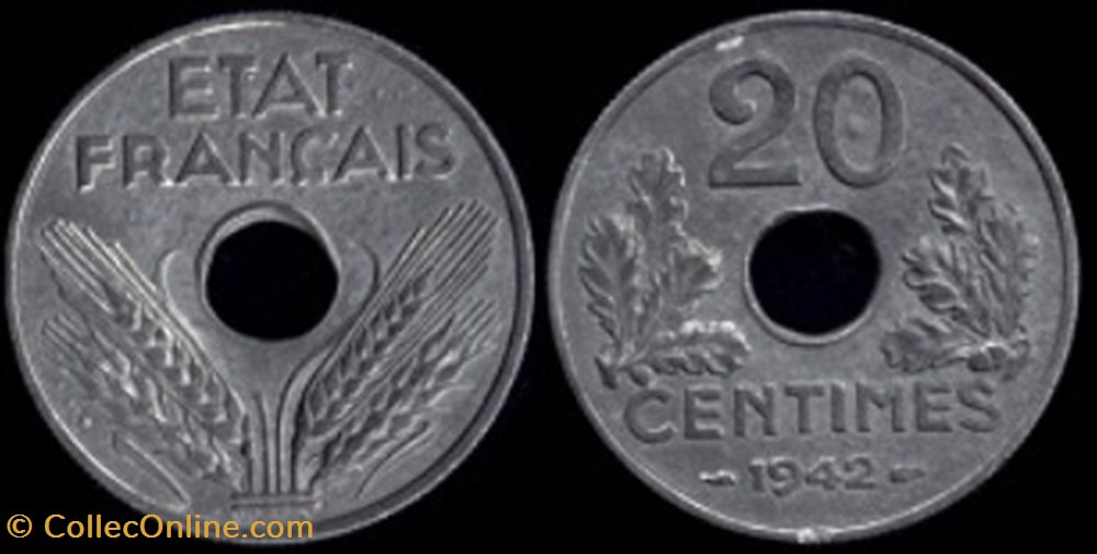 20 Centimes type 20 1943 (3.6 g) monnaies 20 centimes type 20 1943 3 6 g