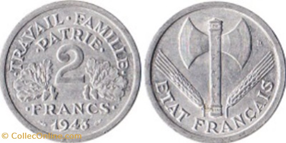2 Francs Etat Français 1943 monnaies 2 francs etat francais 1943