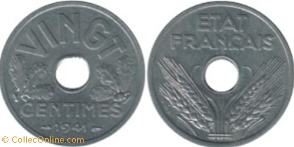 20 Centimes type 20 1941 monnaies 20 centimes type 20 1941