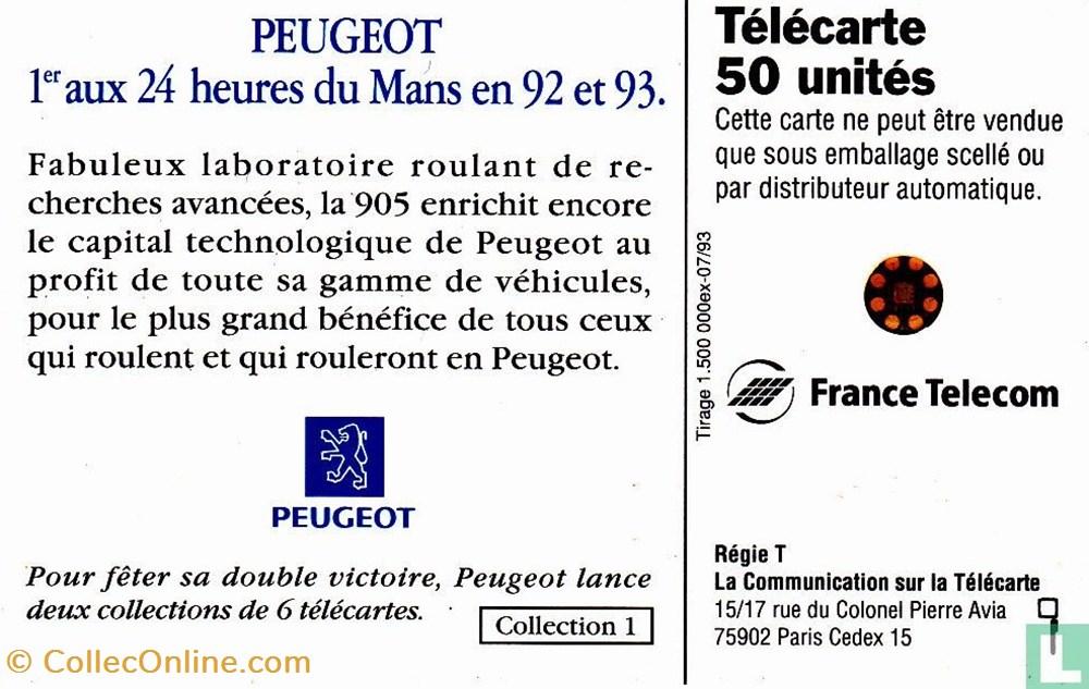 divers telecartes cartes telephoniques france peugeot 905 schlumberger 05an