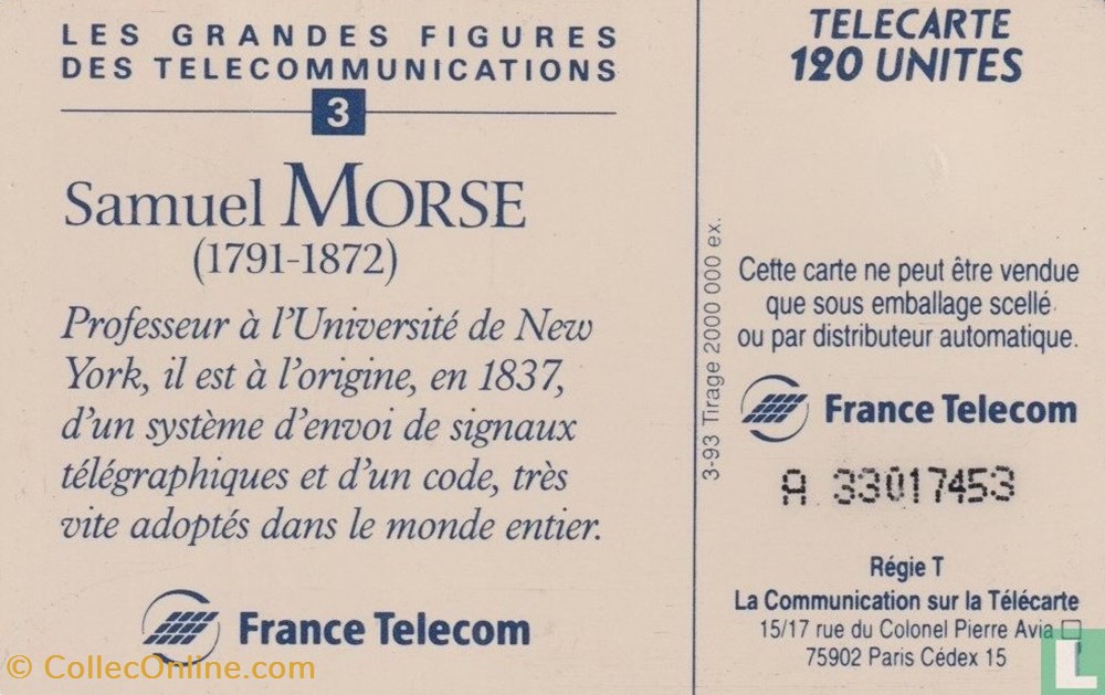 France- Samuel Morse- Solaïque 03 (1990) divers telecartes cartes telephoniques france samuel morse solaique 03 1990