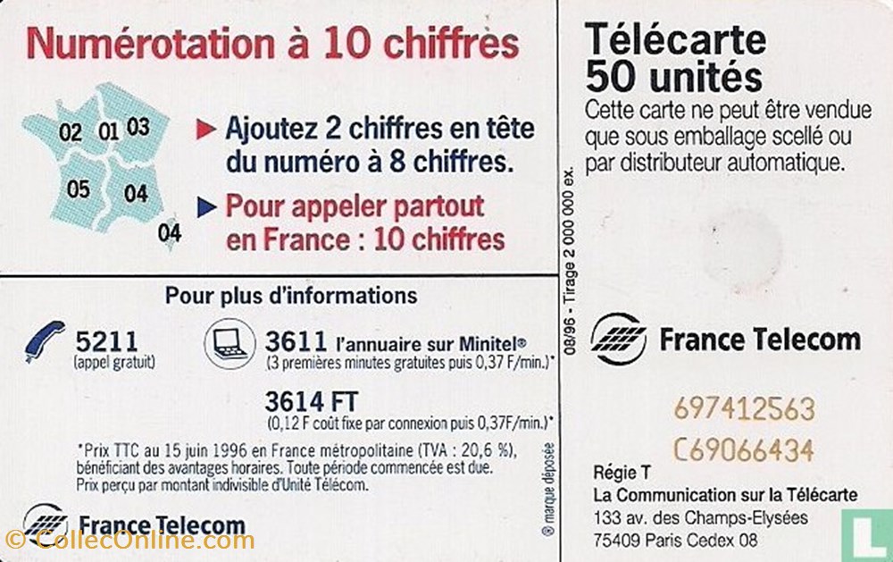 divers telecartes cartes telephoniques france numeration a 10 chiffres 18 octobre 1996 schlumberger 07 1 1992