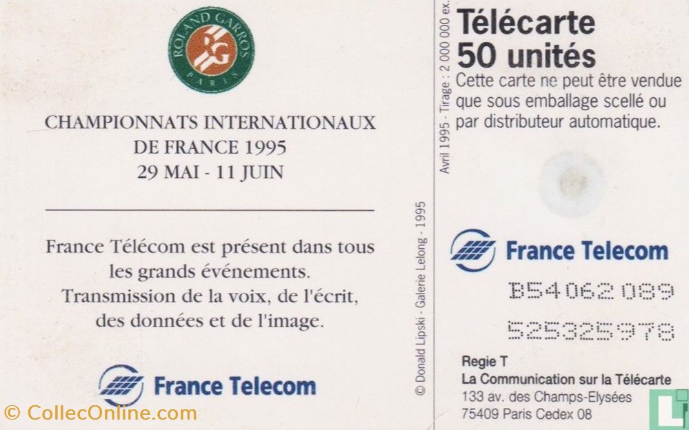 France- Roland Garros 1995- Gemplus 01.2 divers telecartes cartes telephoniques france roland garros 1995 gemplus 01 2