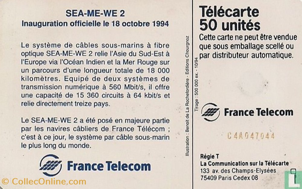 France- SEA-ME-WE 2- Schlumberger 07.1 (1992) divers telecartes cartes telephoniques france sea me we 2 schlumberger 07 1 1992