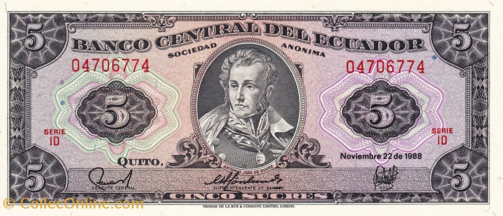 Equateur-5 sucres 2-11-1988 billets equateur 5 sucres 2 11 1988