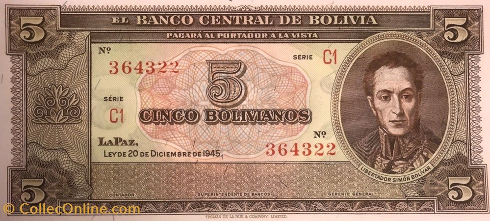 billets bolivie 5 bolivianos 20 12 1945