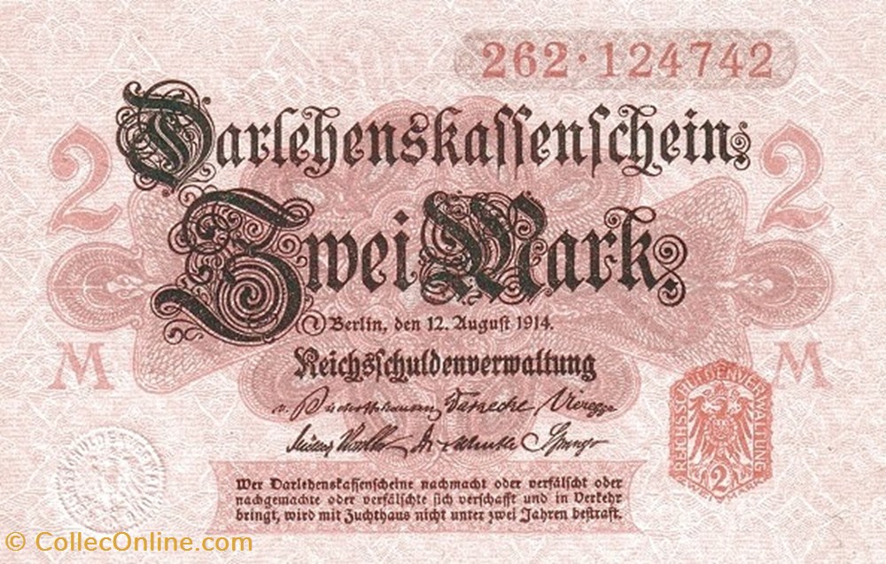 Allemagne-2 Deutsche Mark-12-08-1914 billets allemagne 2 deutsche mark 12 08 1914