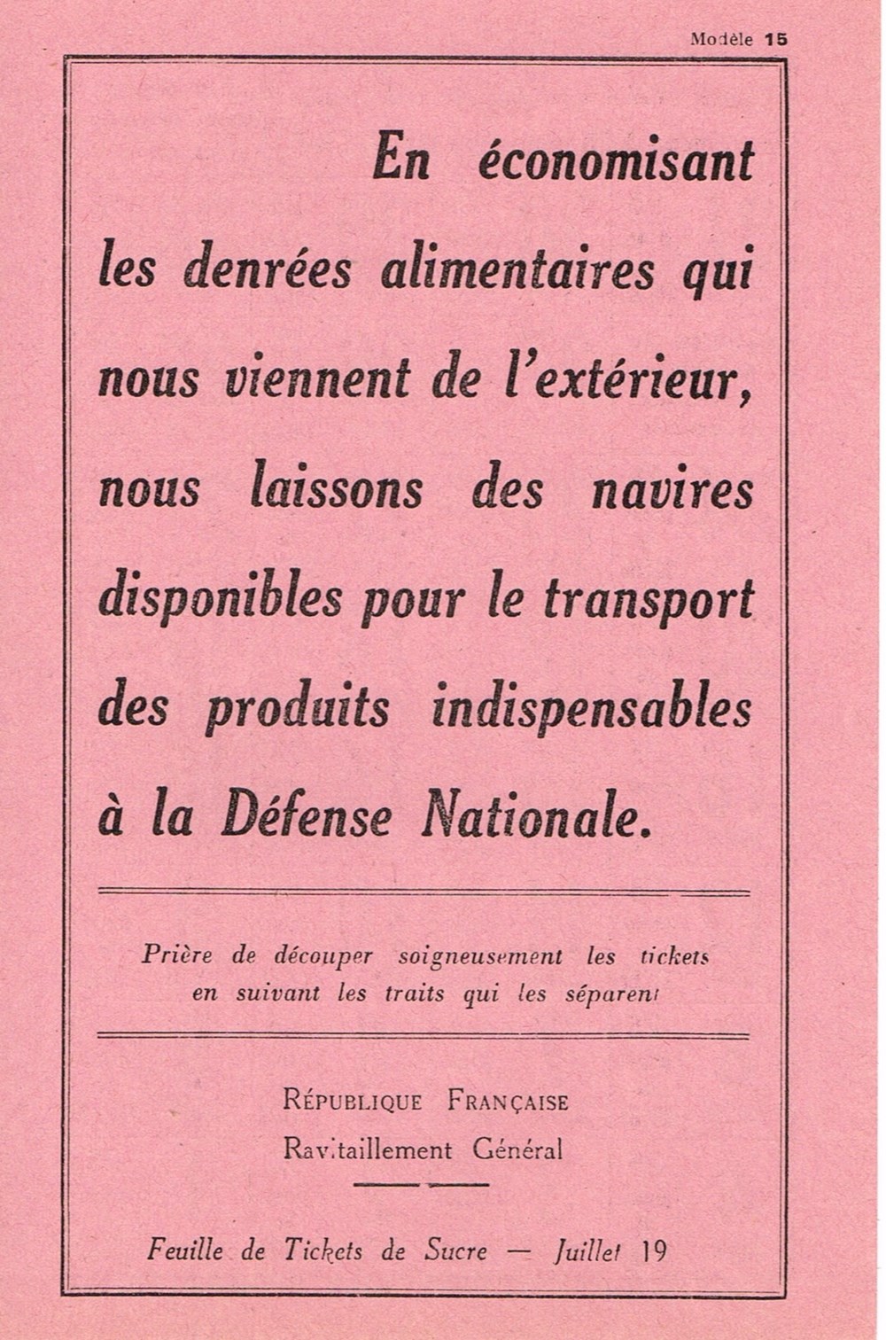 France-Ticket de rationnement journalier sucre- mois de juillet documents anciens autres france ticket de rationnement journalier sucre mois de juillet