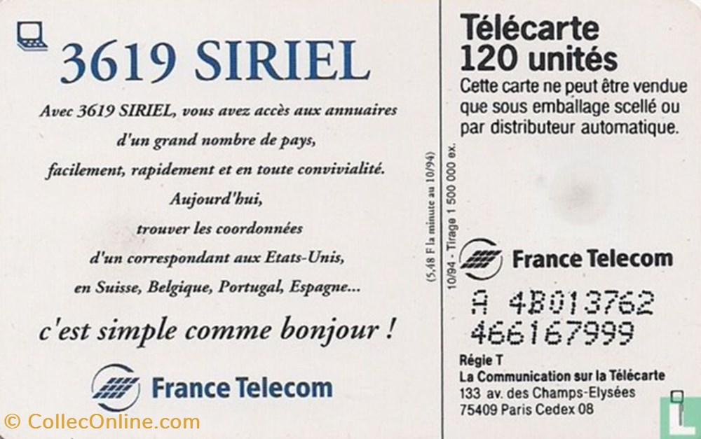 divers telecartes cartes telephoniques france 3619 siriel solaic 06 1993