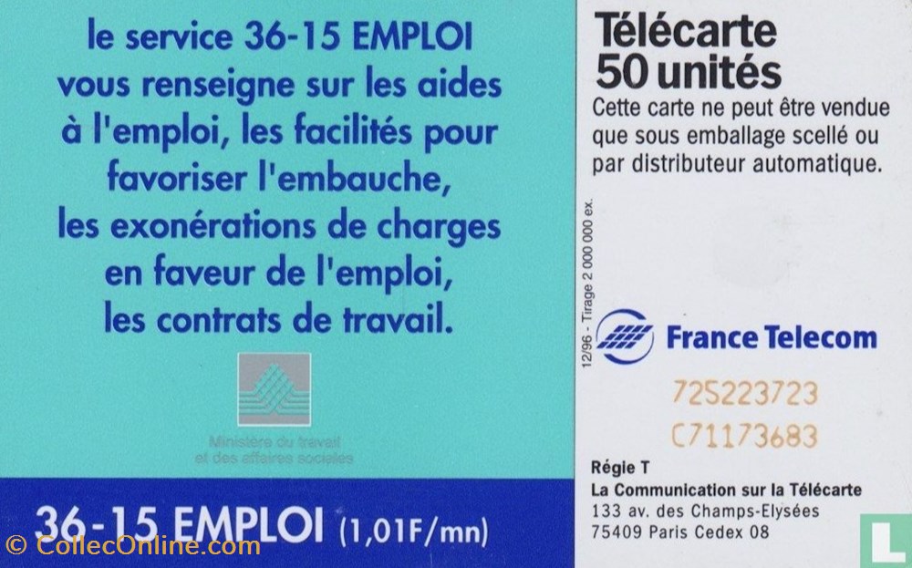 France- Le 36-15 Emploi-Schlumberger 07.1 (1992) divers telecartes cartes telephoniques france le 36 15 emploi schlumberger 07 1 1992