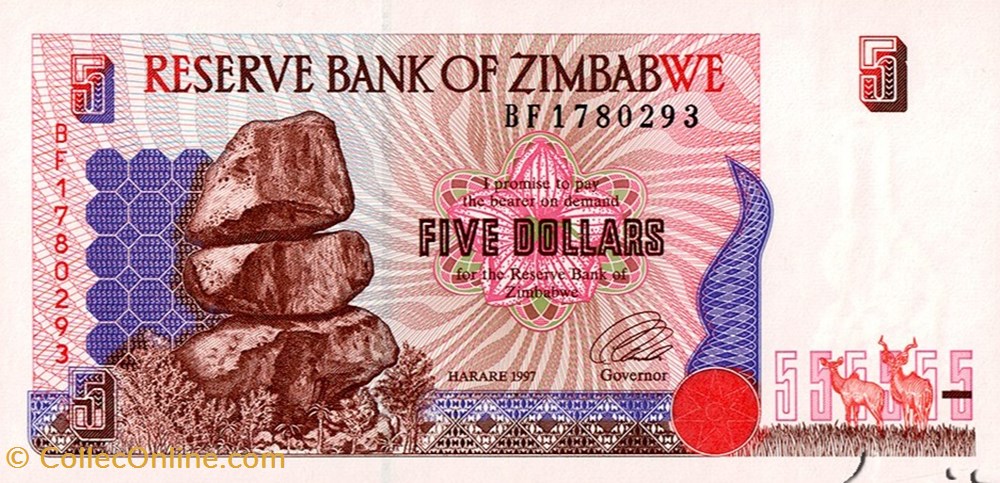 Zimbabwe-5 dollars 1997 billets zimbabwe 5 dollars 1997