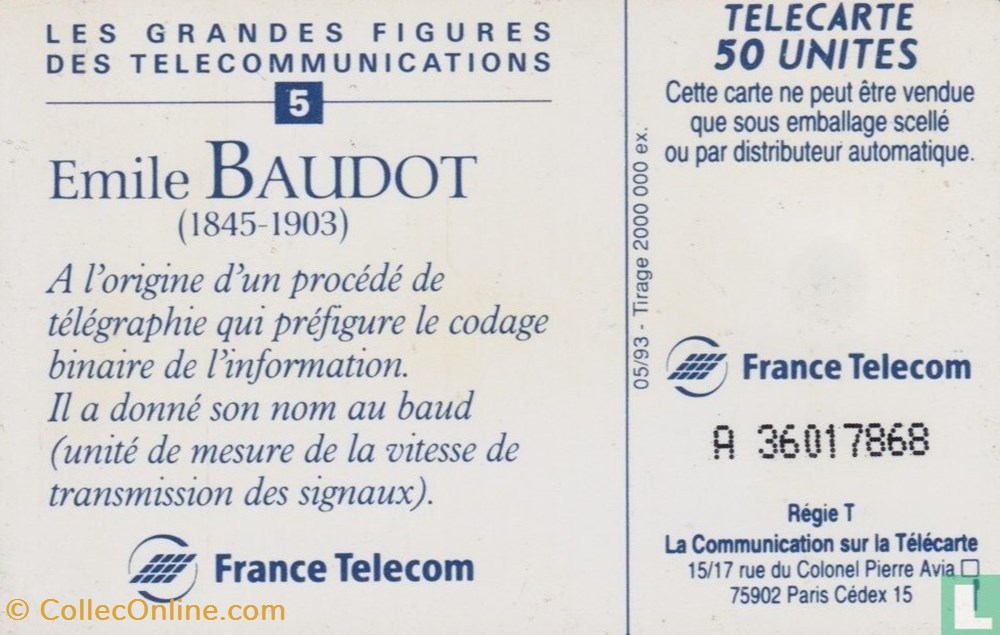 France- Emile Baudot- Solaïque 03 (1990) divers telecartes cartes telephoniques france emile baudot solaique 03 1990
