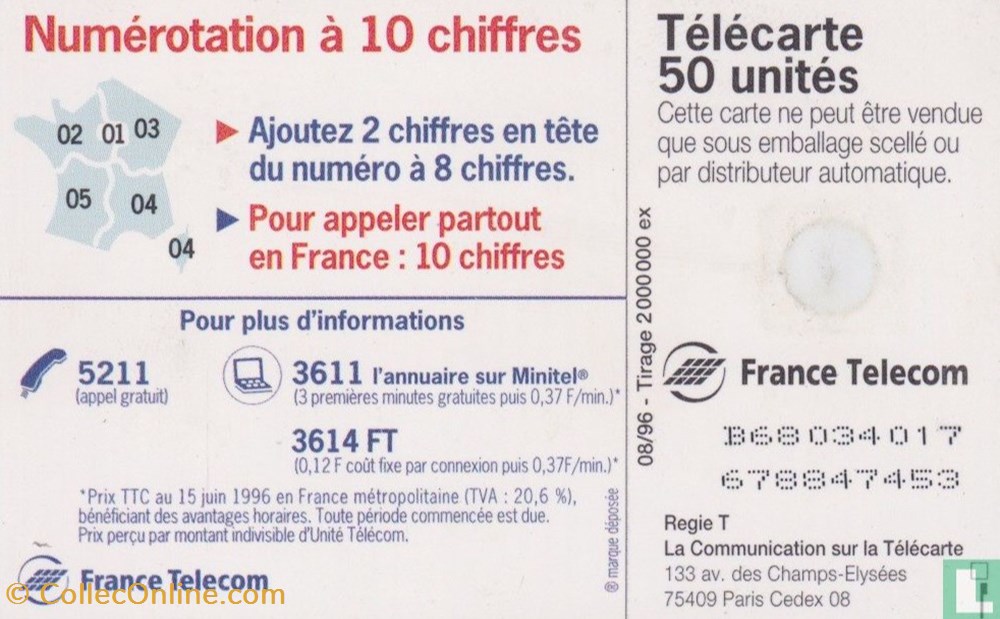 France- Numération à 10 chiffres- Gemplus 01.1 (1988) divers telecartes cartes telephoniques france numeration a 10 chiffres gemplus 01 1 1988