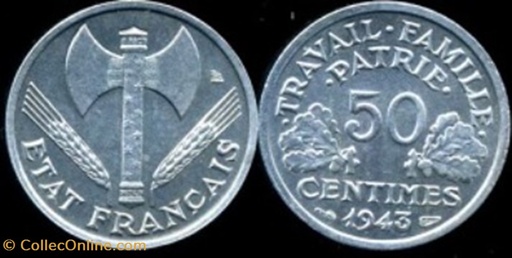50 centimes Etat Français 1943 monnaies 50 centimes etat francais 1943