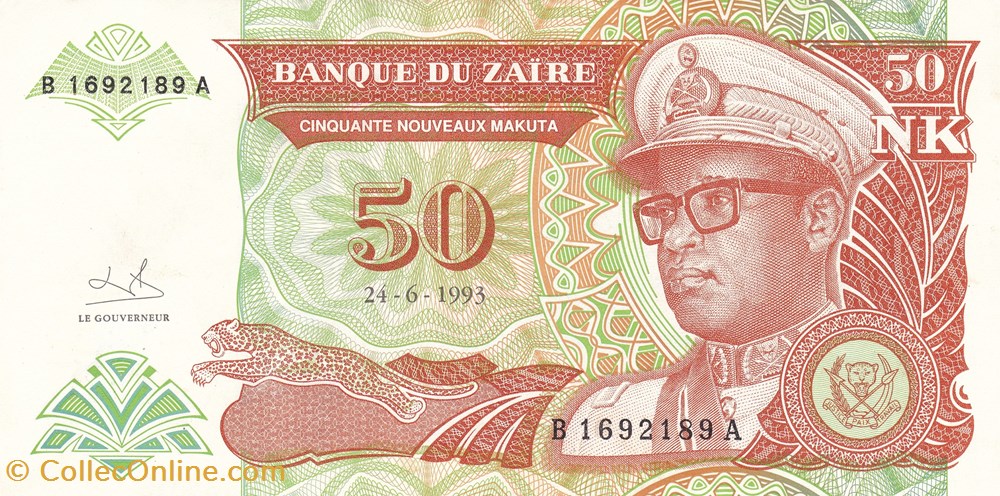 Zaïre-50 nouveaux Makuta-24-6-1993 billets zaire 50 nouveaux makuta 24 6 1993