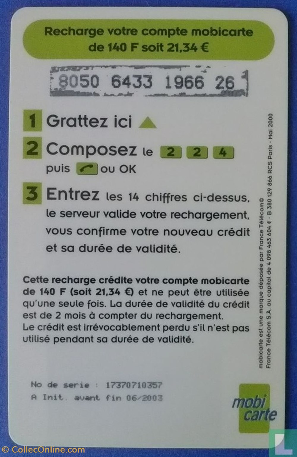 France-Mobicarte 140 divers telecartes cartes telephoniques france mobicarte 140