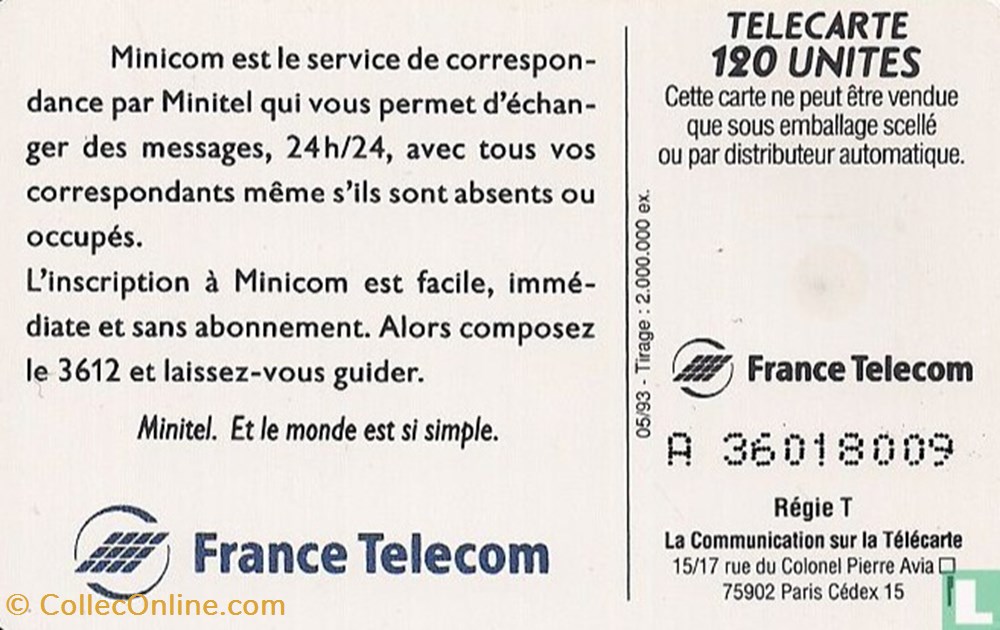 France- Minicom Tapez 3612- Solaïque 03 (1990) divers telecartes cartes telephoniques france minicom tapez 3612 solaique 03 1990