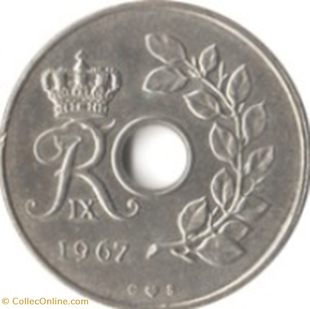monnaies monde 25 re frederik ix type avec trou danemark 1969
