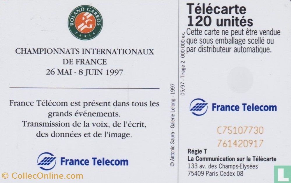 divers telecartes cartes telephoniques france roland garros 97 schlumberger 07 1 1992