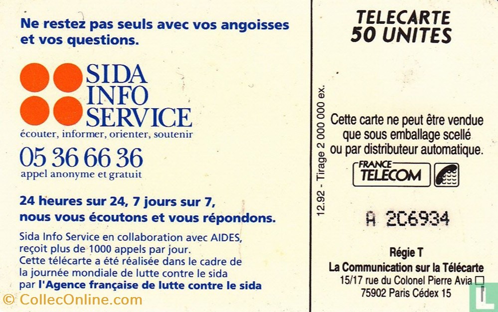 France- Sida Info Service- Solaic 04 (1991) divers telecartes cartes telephoniques france sida info service solaic 04 1991