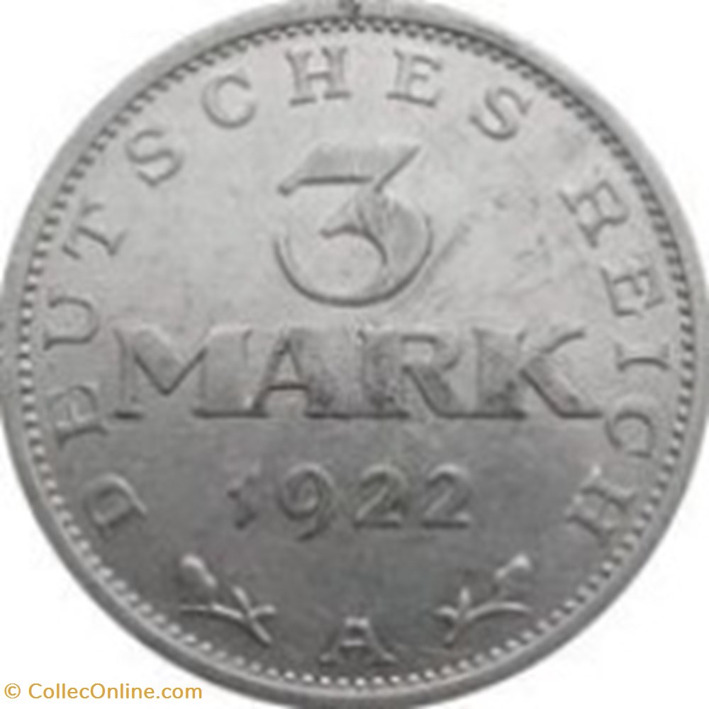 3 mark Allemagne 1922 (A) monnaies monde 3 mark allemagne 1922 a