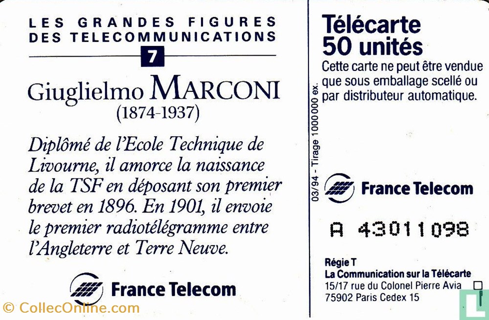 divers telecartes cartes telephoniques france giuglielmo marconi solaic 06 1993