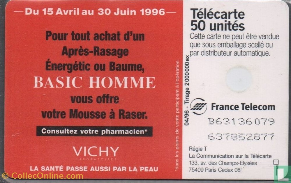 divers telecartes cartes telephoniques france vichy basic homme gemplus 01 1 1988
