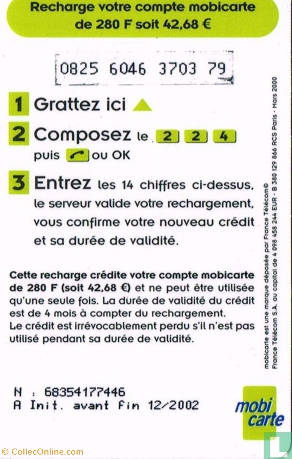 France-Mobicarte 250+30 divers telecartes cartes telephoniques france mobicarte 250 30