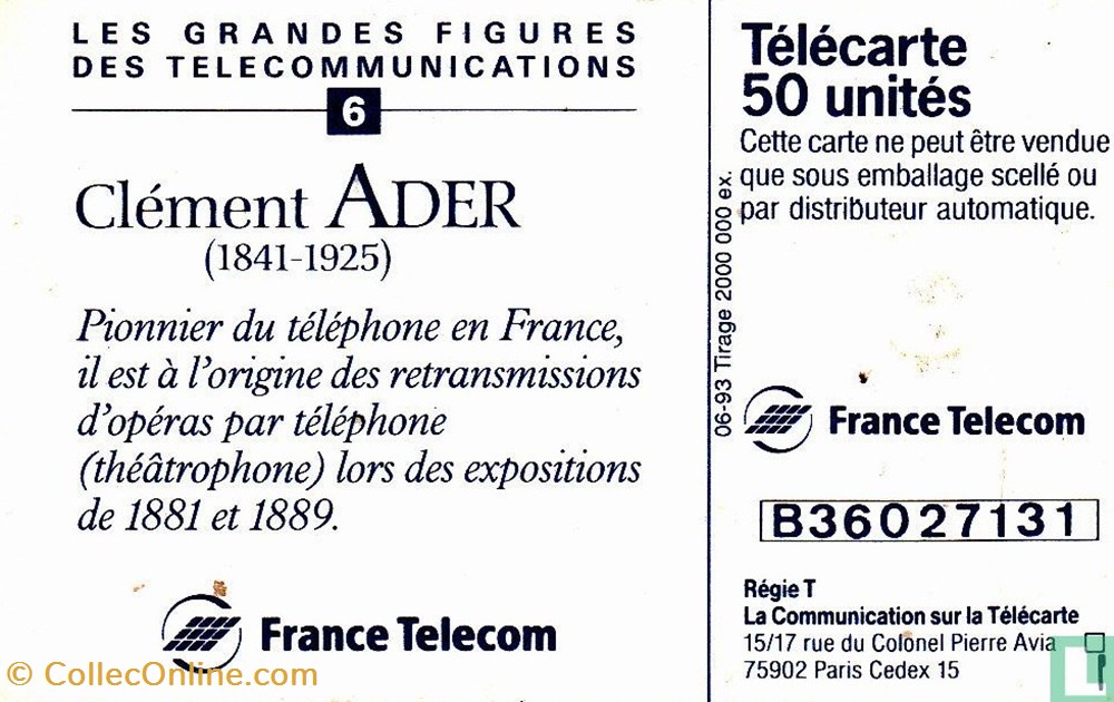 divers telecartes cartes telephoniques france clement ader gemplus 01 1 1988
