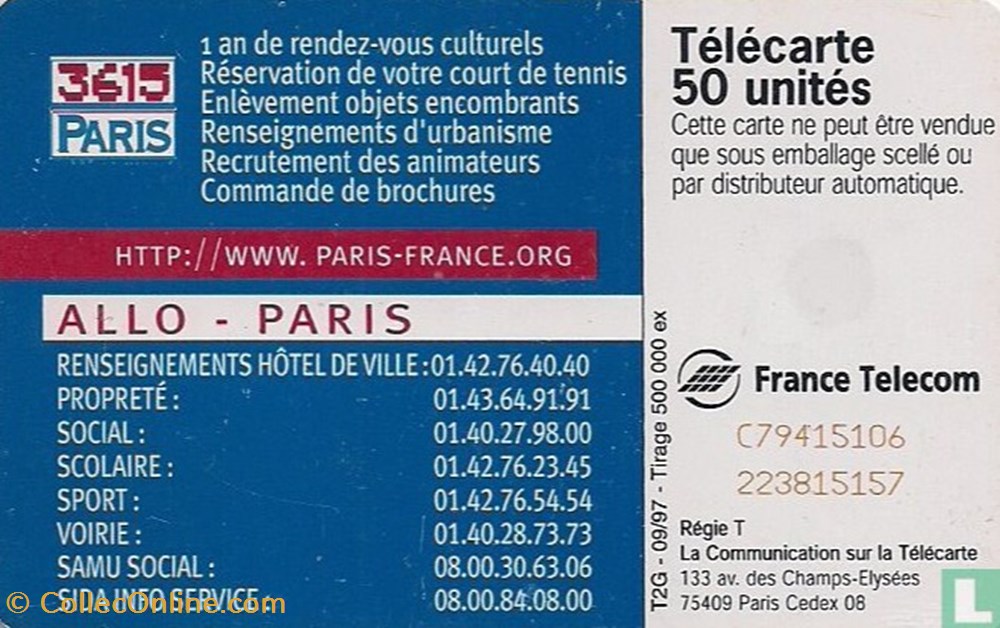 France- Mairie de Paris- Schlumberger 07.1 (1992) divers telecartes cartes telephoniques france mairie de paris schlumberger 07 1 1992