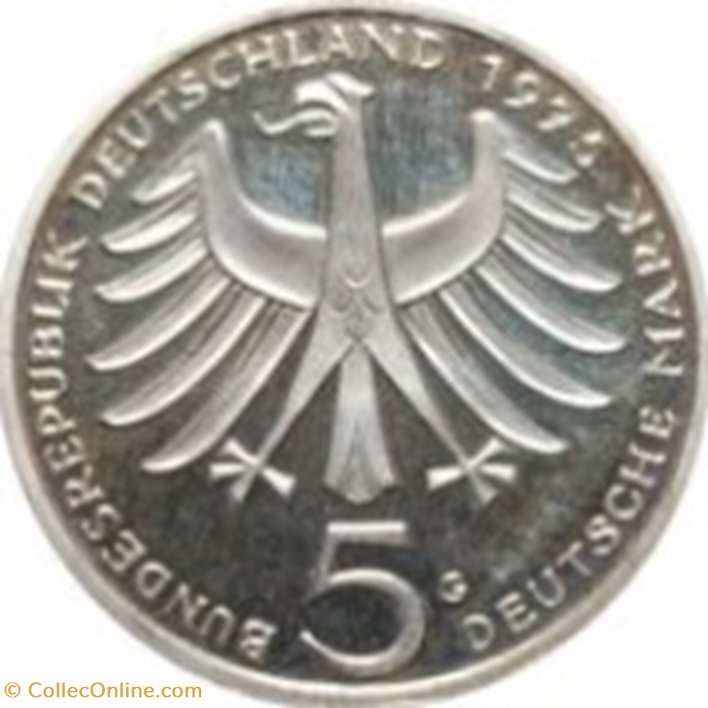 5 deutsche mark Albert Schweitzer Allemagne 1975 (G) monnaies monde 5 deutsche mark albert schweitzer allemagne 1975 g
