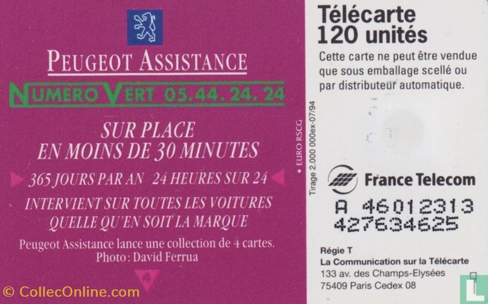 France- Peugeot Assistance- Solaic 06 (1993) divers telecartes cartes telephoniques france peugeot assistance solaic 06 1993