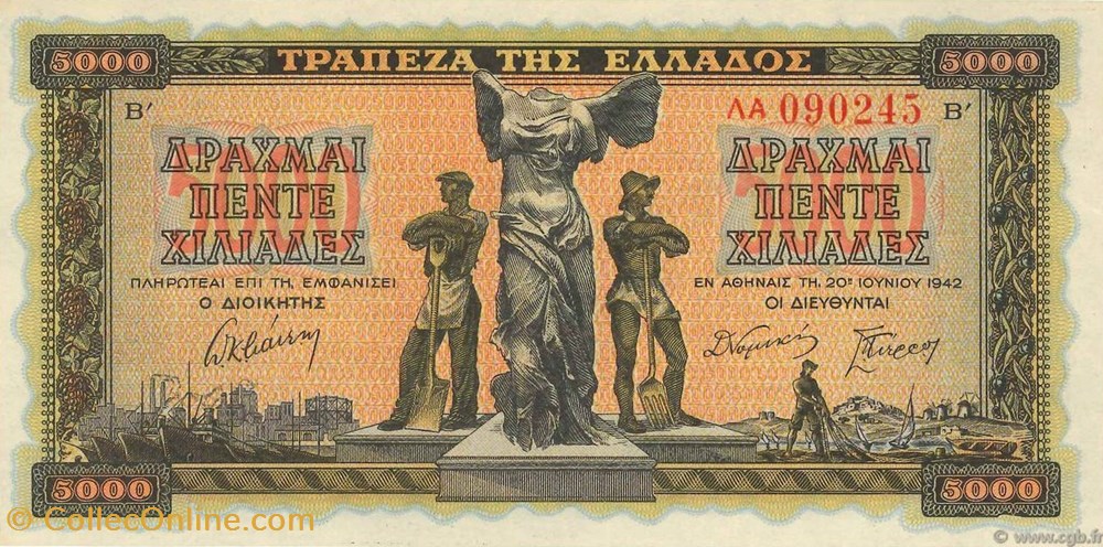 Grèce-5000 Drachmes-20-06-1942 billets grece 5000 drachmes 20 06 1942