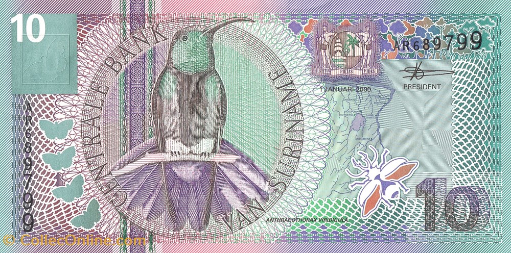 Suriname-10 Gulden-01-01-2000 billets suriname 10 gulden 01 01 2000