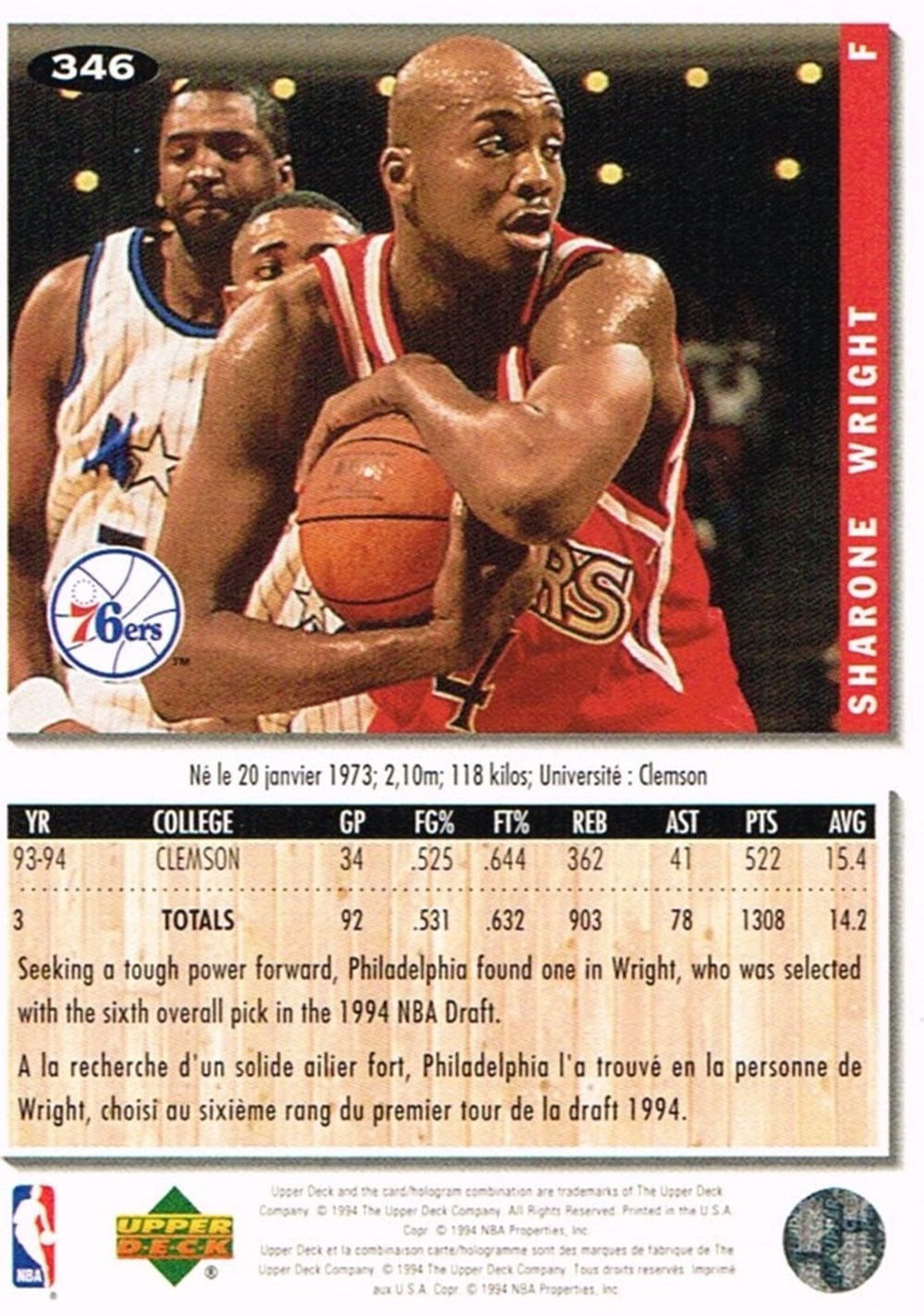 NBA 1994- Sharone Wright-76ers - Sport & Olympismus - Mannschaftssportarten