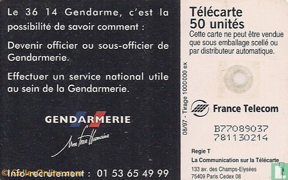 France- 36 - 14 Gendarme- Gemplus 01.1 (1988) divers telecartes cartes telephoniques france 36 14 gendarme gemplus 01 1 1988