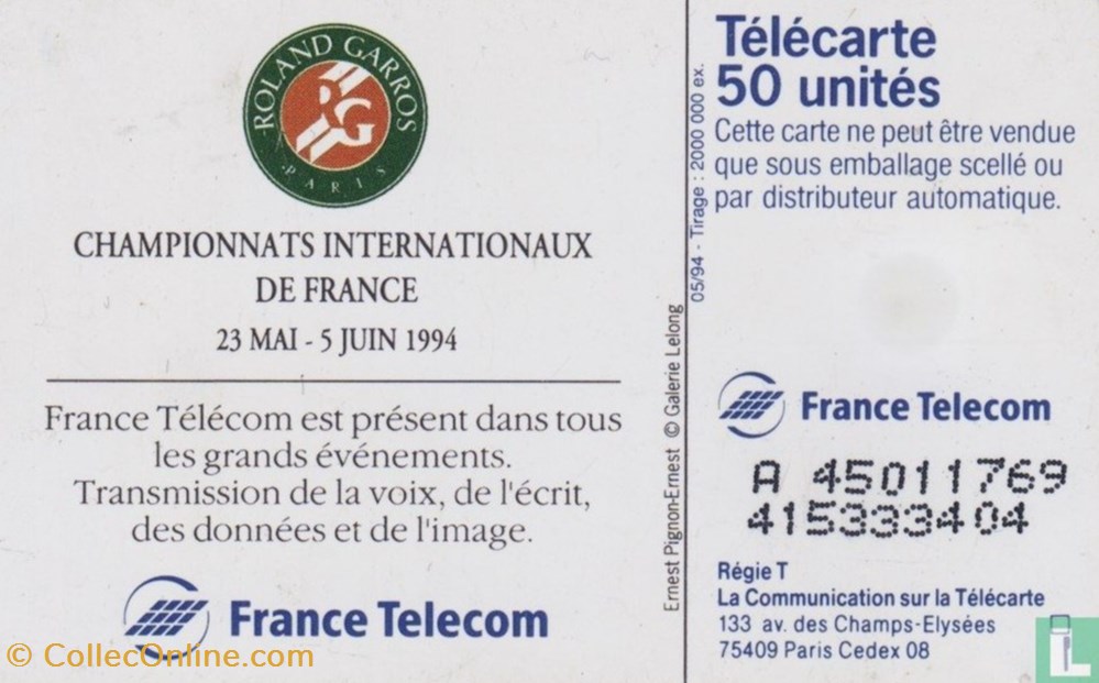 France- Roland Garros '94- Solaic 06 (1993) divers telecartes cartes telephoniques france roland garros 94 solaic 06 1993