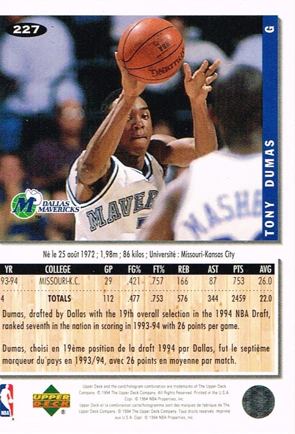 sport olympisme sports collectifs basketball nba 1994 tony dumas mavericks