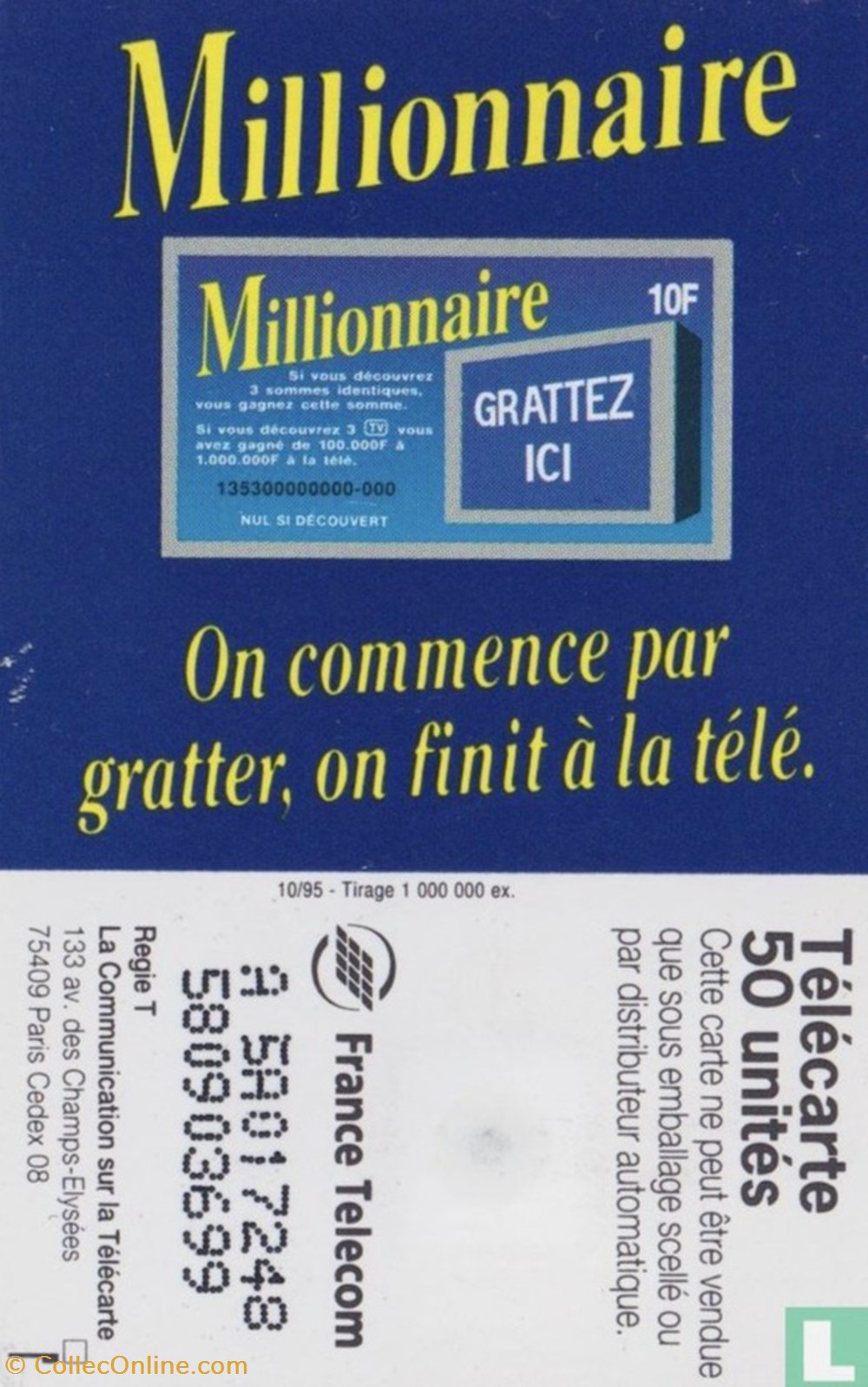divers telecartes cartes telephoniques france millionnaire solaique 03 1990