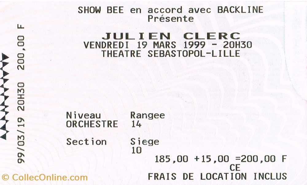 Julien Clerc-Lille documents anciens tickets d entree julien clerc lille