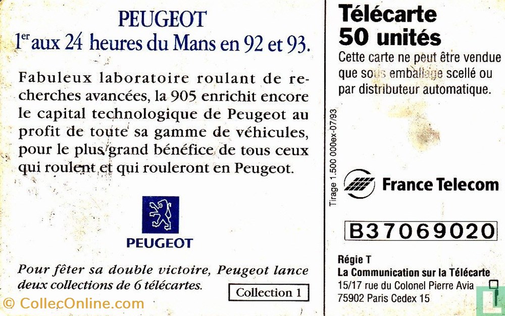 France- Peugeot 905- Gemplus 01.1 (1988) divers telecartes cartes telephoniques france peugeot 905 gemplus 01 1 1988