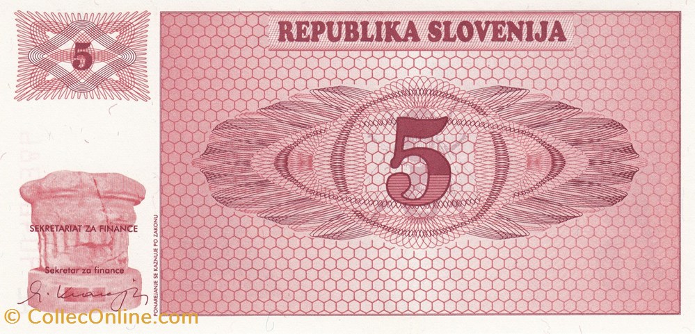Slovénie-5 Tolarjev 1990 billets slovenie 5 tolarjev 1990