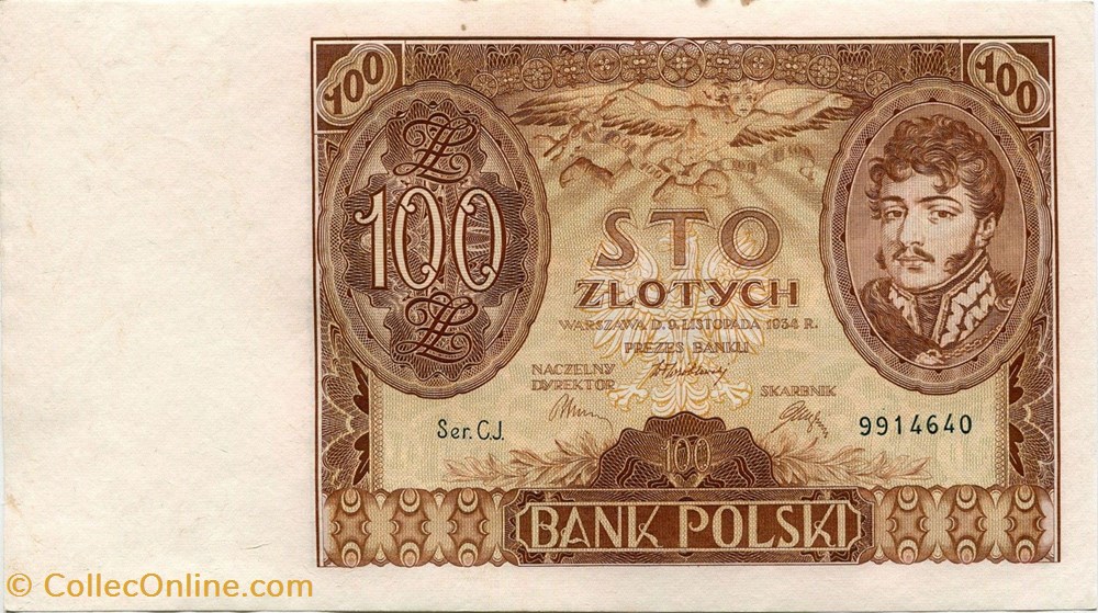 Pologne-100 Zloty-1934 billets pologne 100 zloty 1934