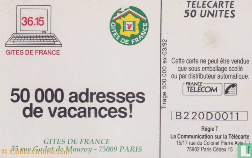 France- Gîtes de France- Gemplus 01.1 (1988) divers telecartes cartes telephoniques france gites de france gemplus 01 1 1988