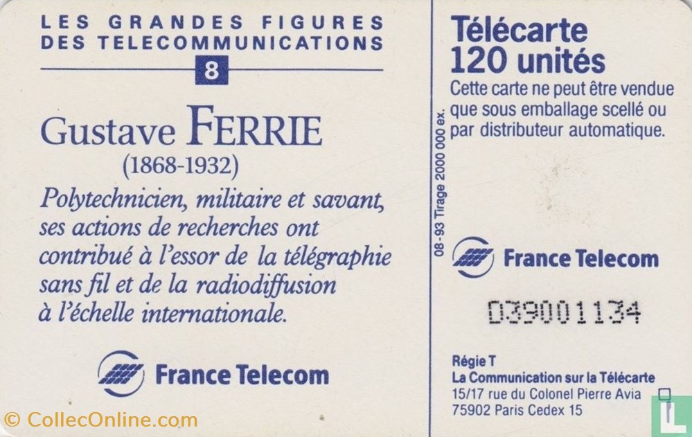 France- Gustave Ferrie- Oberthur 01 (1992) divers telecartes cartes telephoniques france gustave ferrie oberthur 01 1992