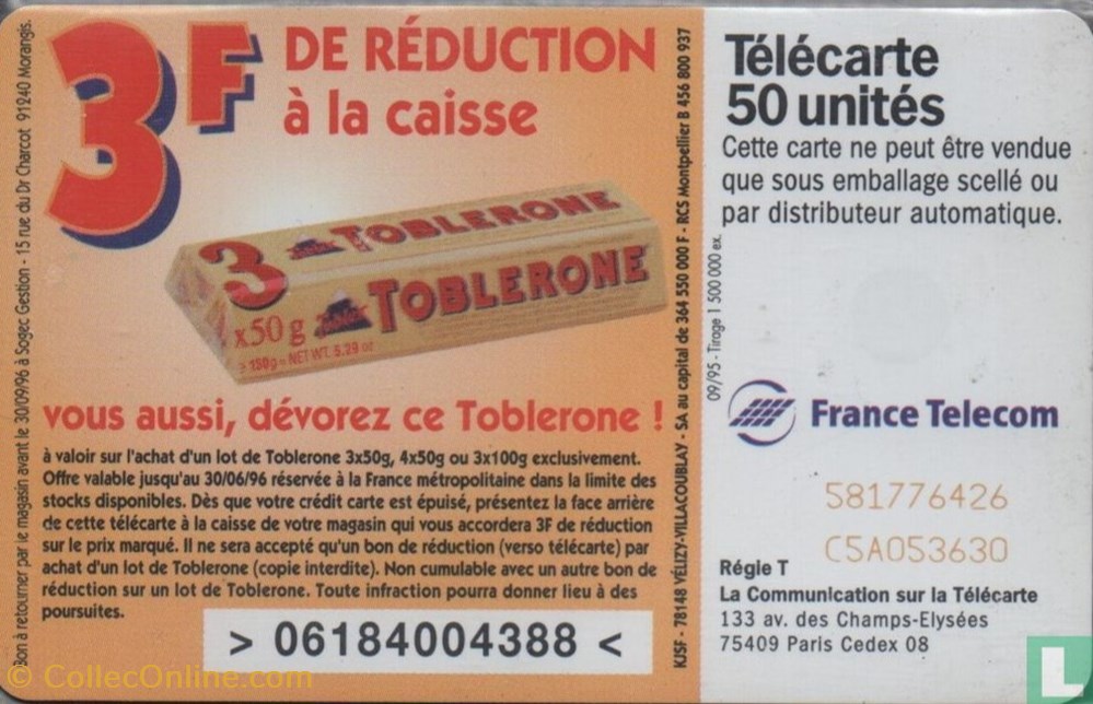 divers telecartes cartes telephoniques france toblerone schlumberger 07 1 1992