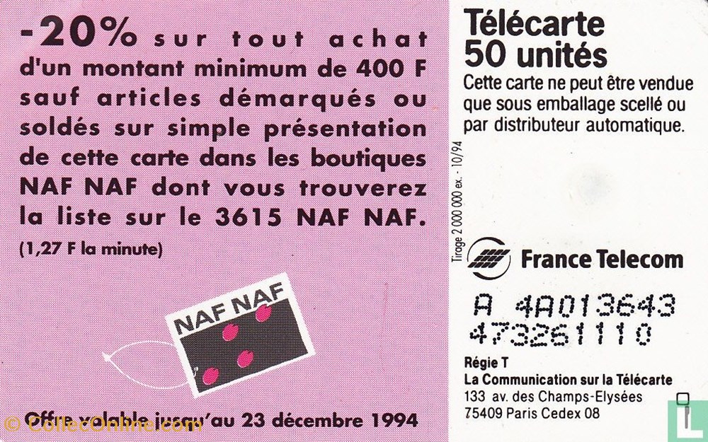 divers telecartes cartes telephoniques france naf naf solaic 06 1993
