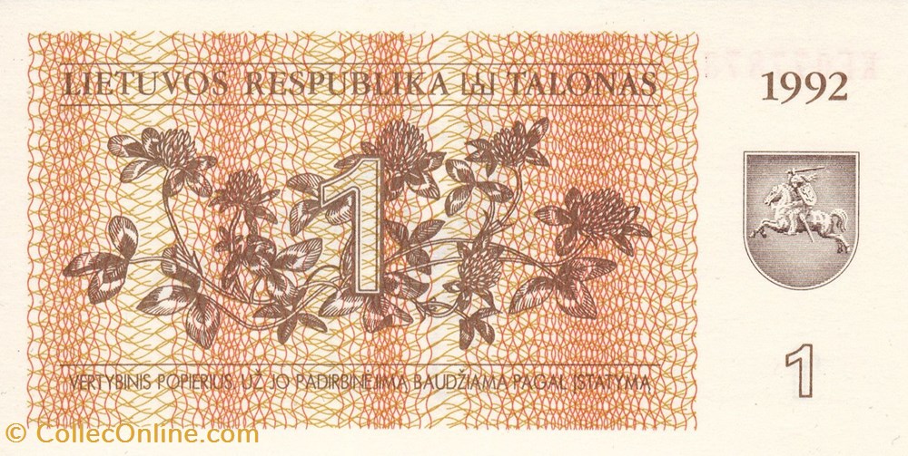 Lituanie-1 talonas 1992 billets lituanie 1 talonas 1992
